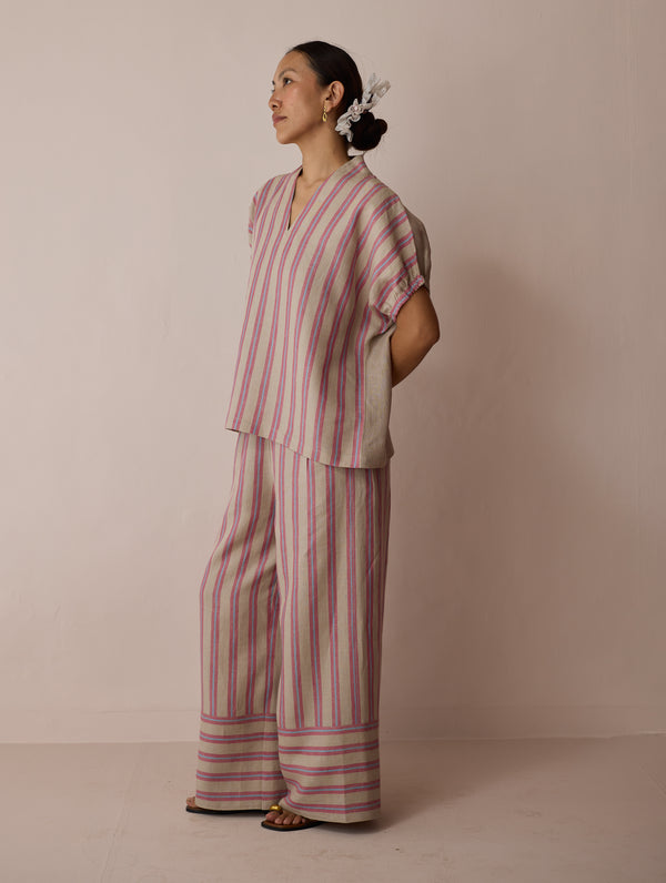 Anne V-Neck Stripe Linen Co-ord Set - Natural