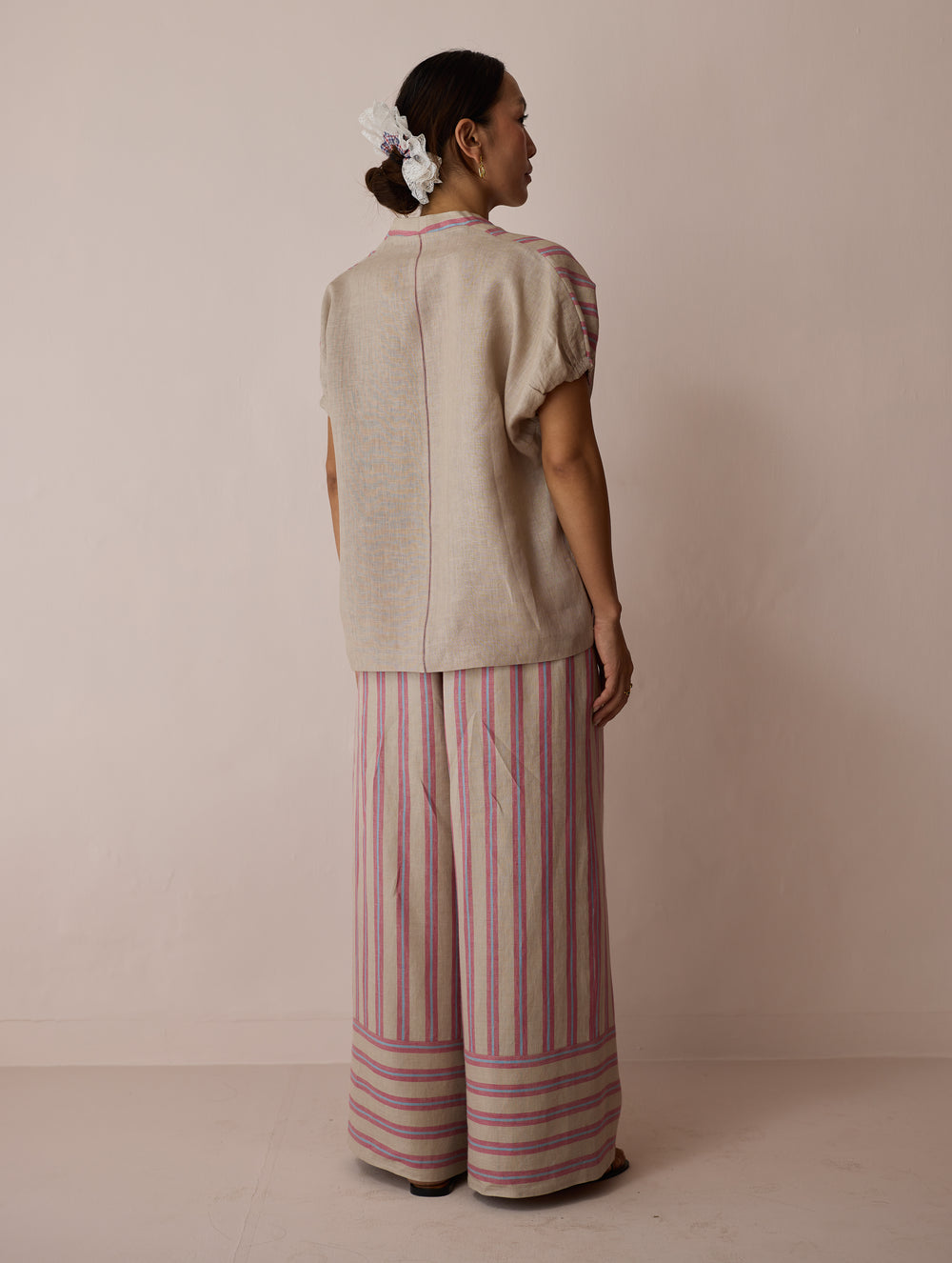 Anne V-Neck Stripe Linen Co-ord Set - Natural