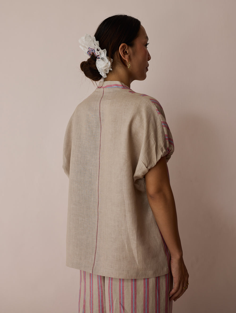 Anne V-Neck Stripe Linen Co-ord Set - Natural