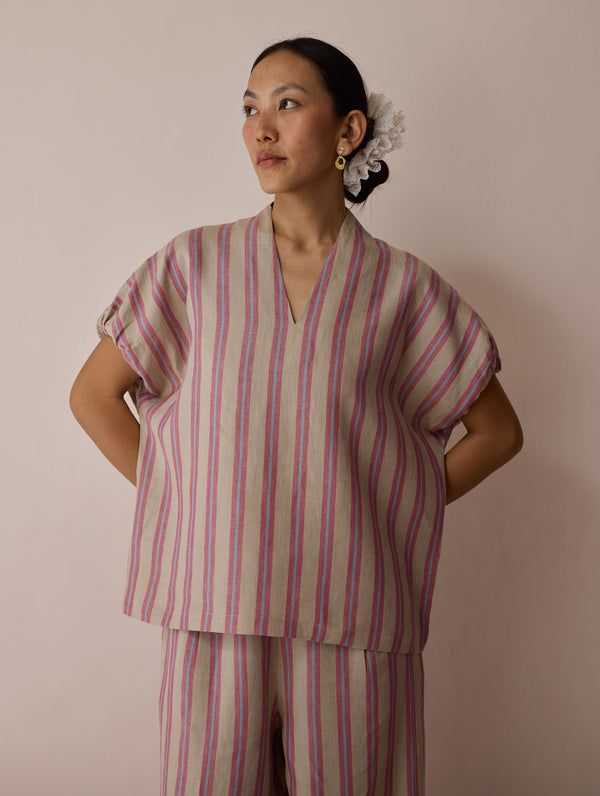 Anne V-Neck Stripe Linen Co-ord Set - Natural