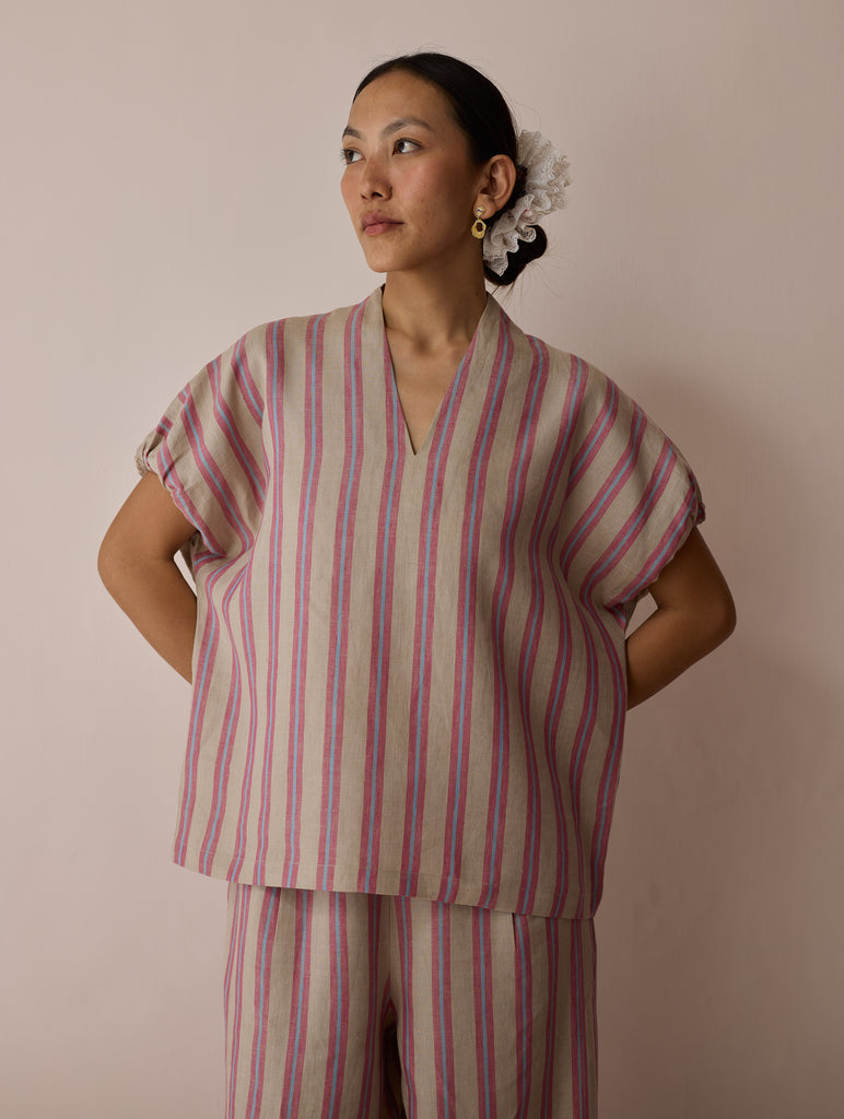 Anne V-Neck Stripe Linen Top - Natural