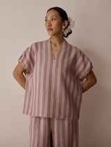 Anne V-Neck Stripe Linen Top - Natural