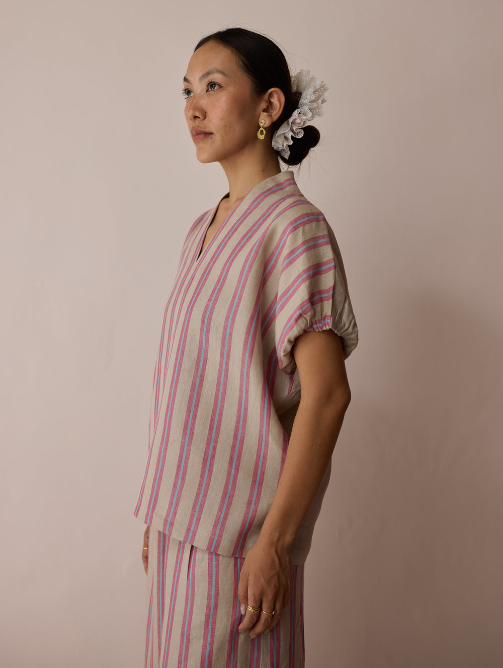 Anne V-Neck Stripe Linen Top - Natural