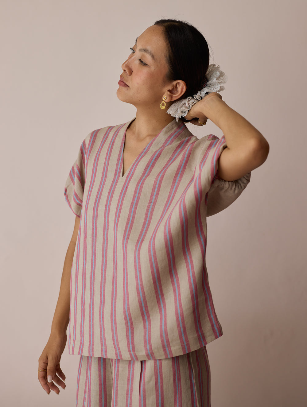 Anne V-Neck Stripe Linen Co-ord Set - Natural
