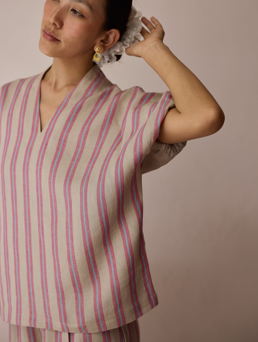 Anne V-Neck Stripe Linen Top - Natural