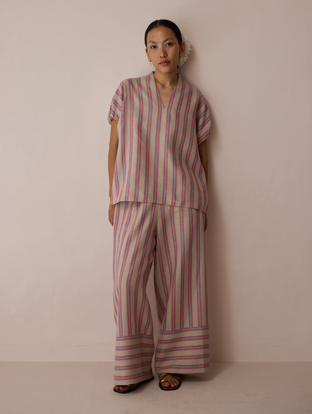 Anne V-Neck Stripe Linen Co-ord Set - Natural