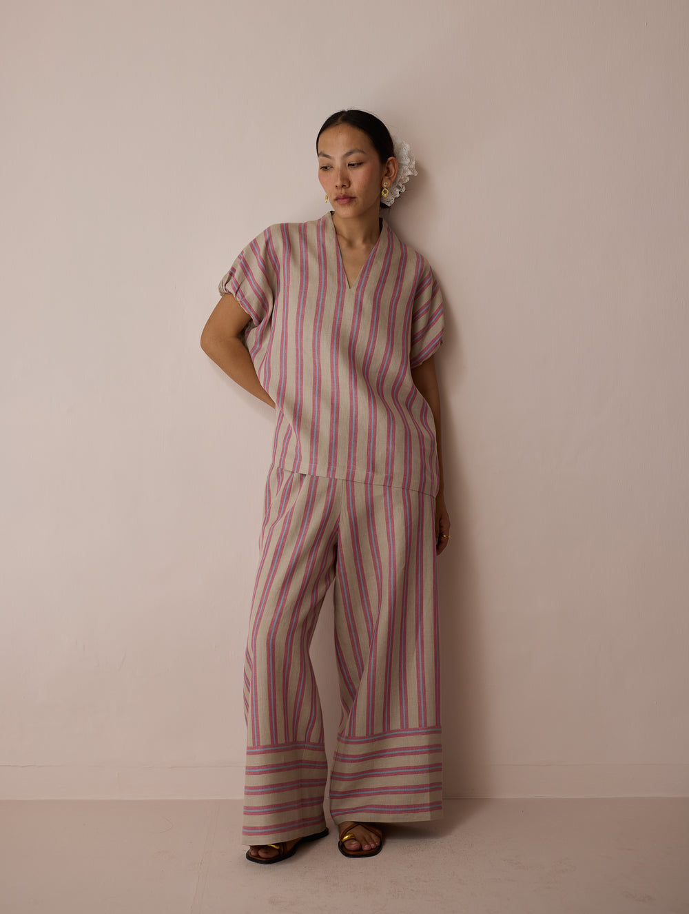 Anne V-Neck Stripe Linen Co-ord Set - Natural