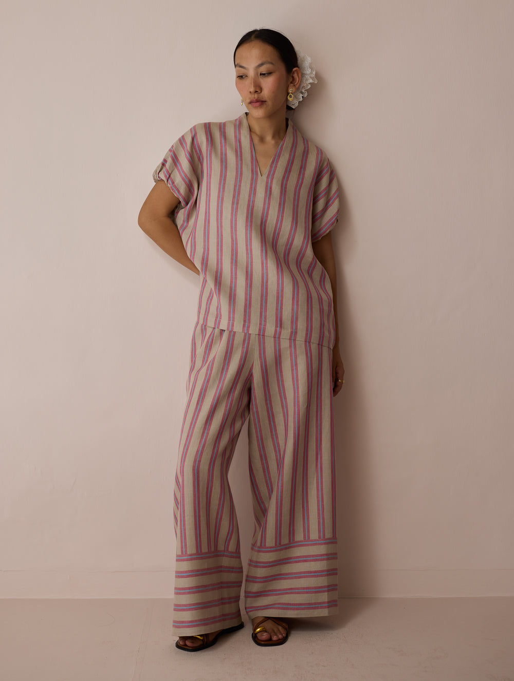 Anne V-Neck Stripe Linen Top - Natural