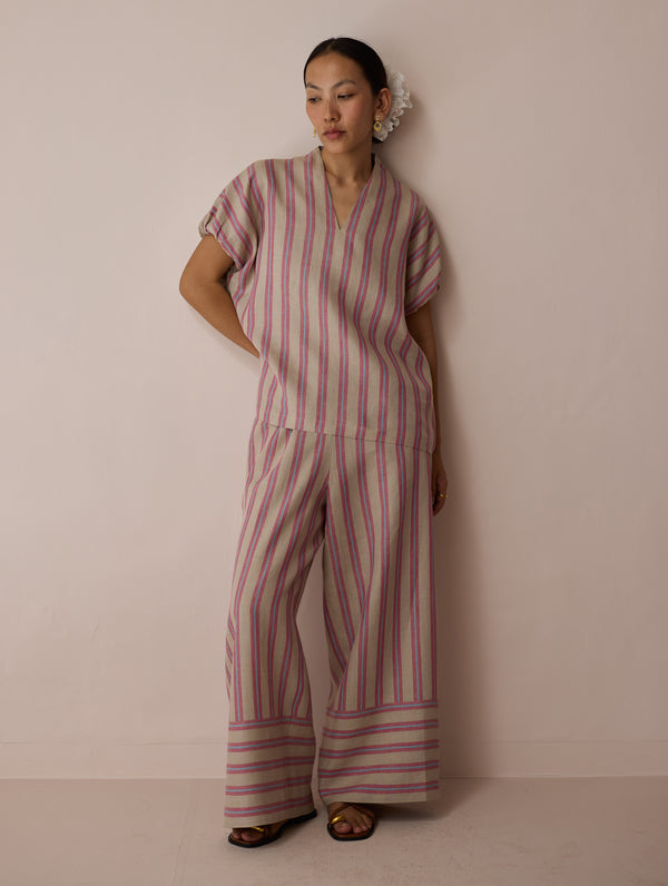 Anne V-Neck Stripe Linen Top - Natural