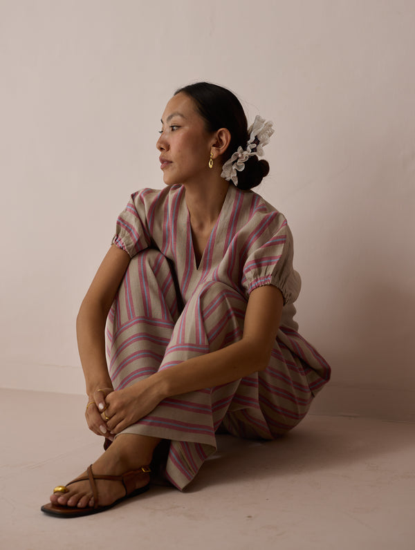 Anne V-Neck Stripe Linen Top - Natural