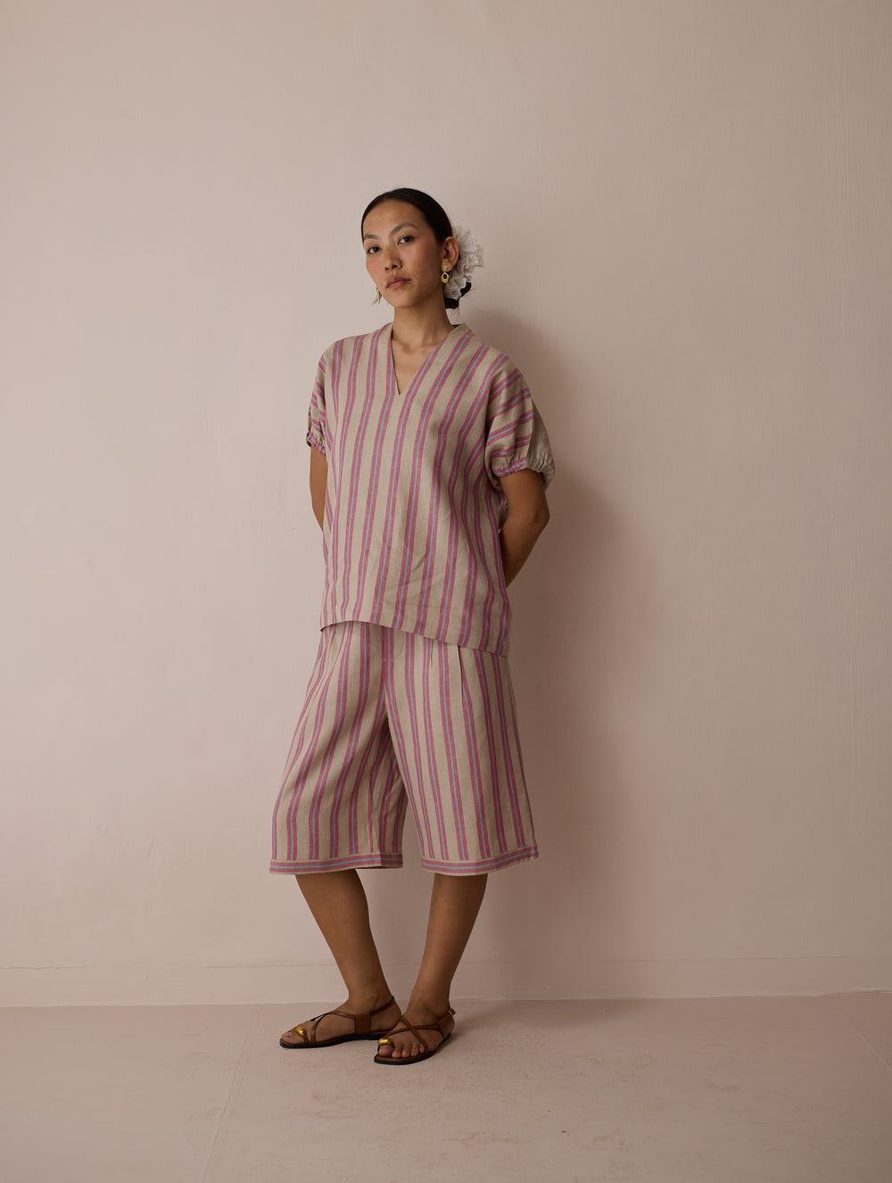 Ena Stripe Linen Jorts - Natural