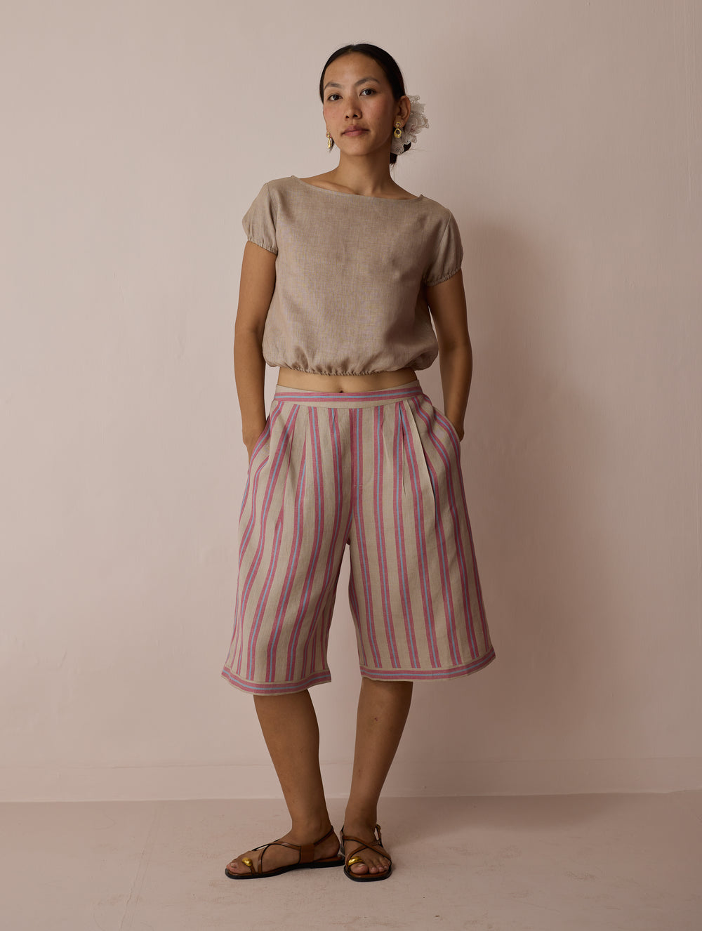 Ena Stripe Linen Jorts - Natural