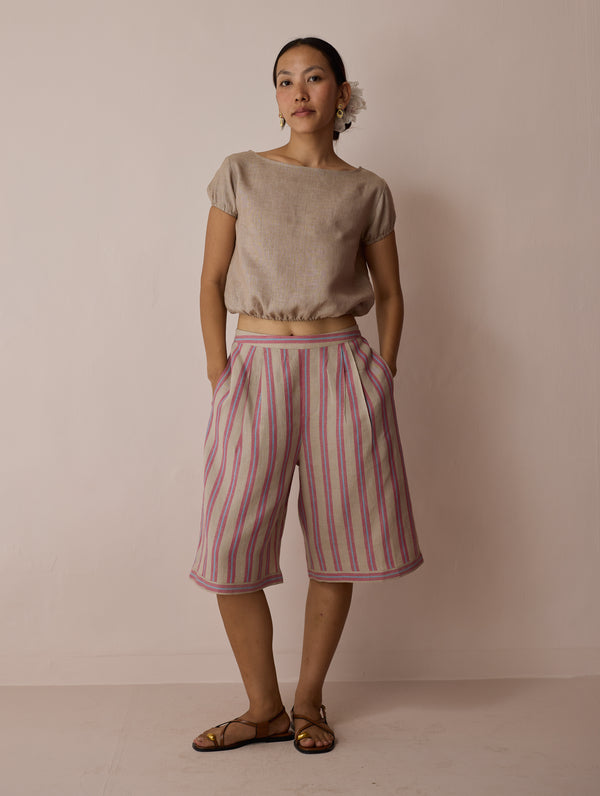 Ena Stripe Linen Jorts - Natural