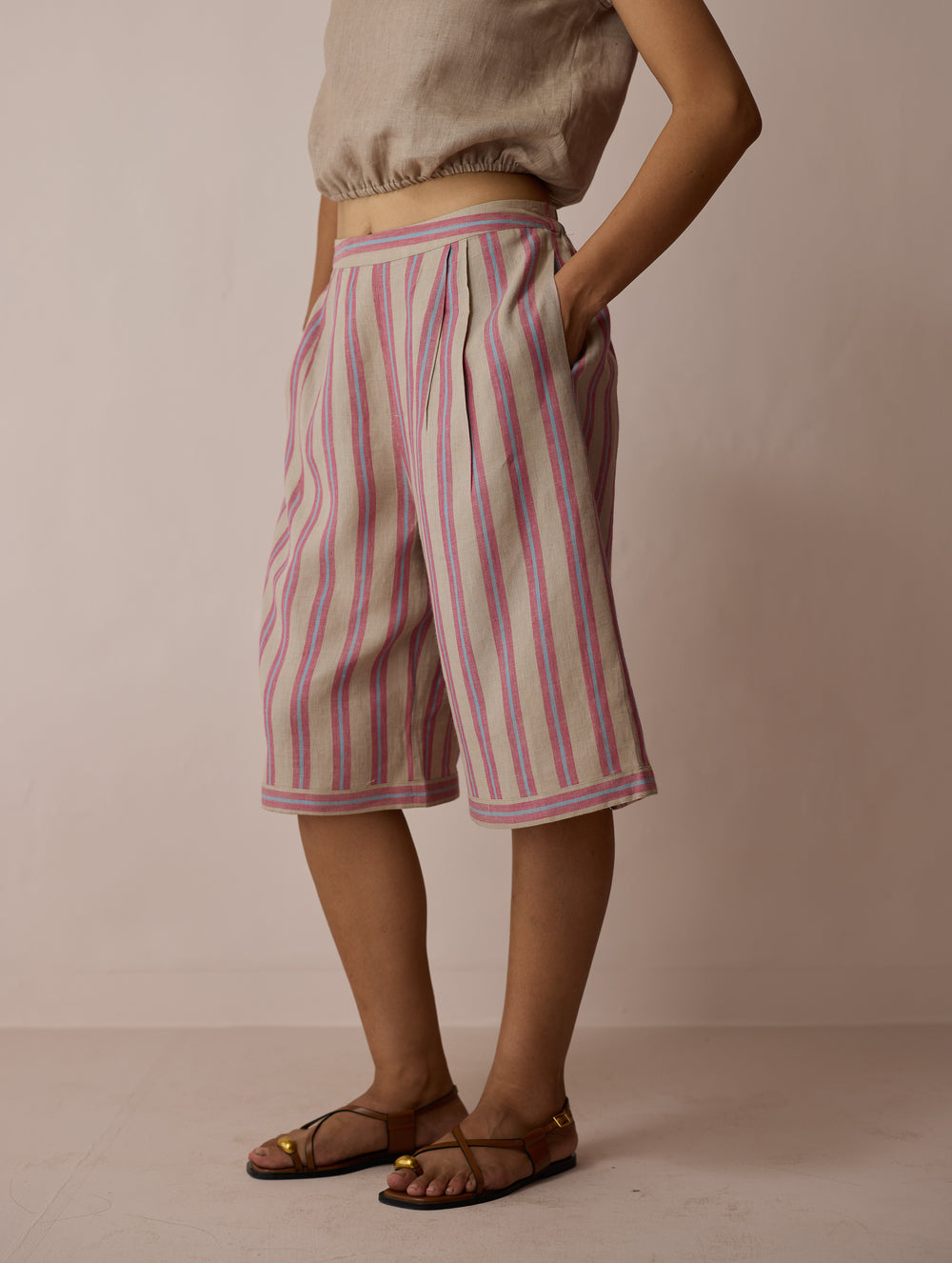 Ena Stripe Linen Jorts - Natural