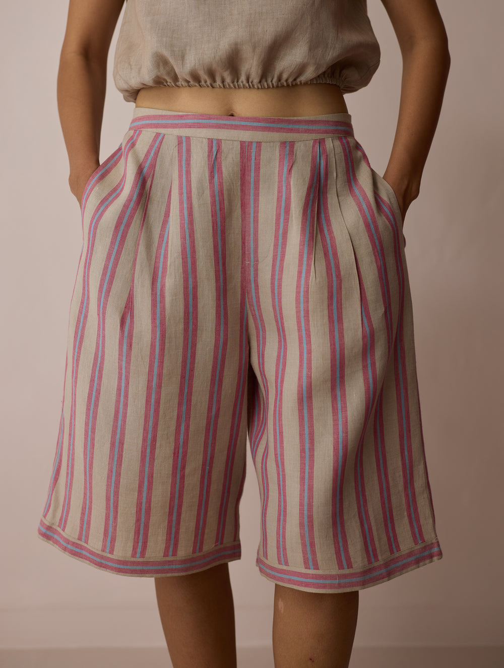 Ena Stripe Linen Jorts - Natural