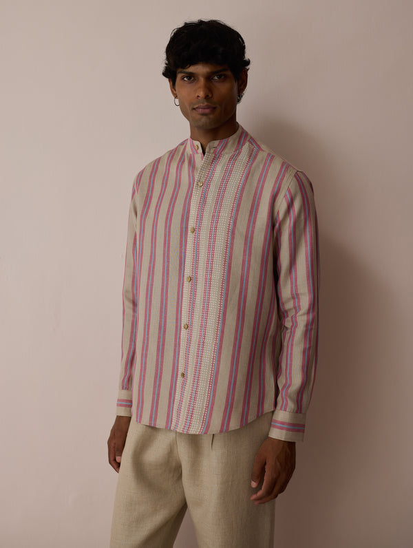Ari Stripe Linen Block-Printed Shirt - Natural