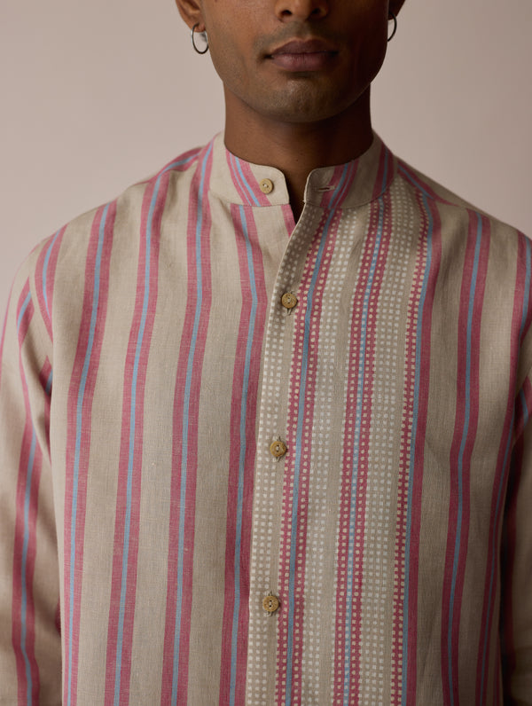 Ari Stripe Linen Block-Printed Shirt - Natural