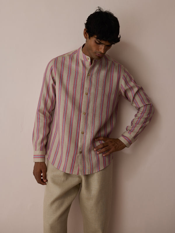 Ari Stripe Linen Block-Printed Shirt - Natural