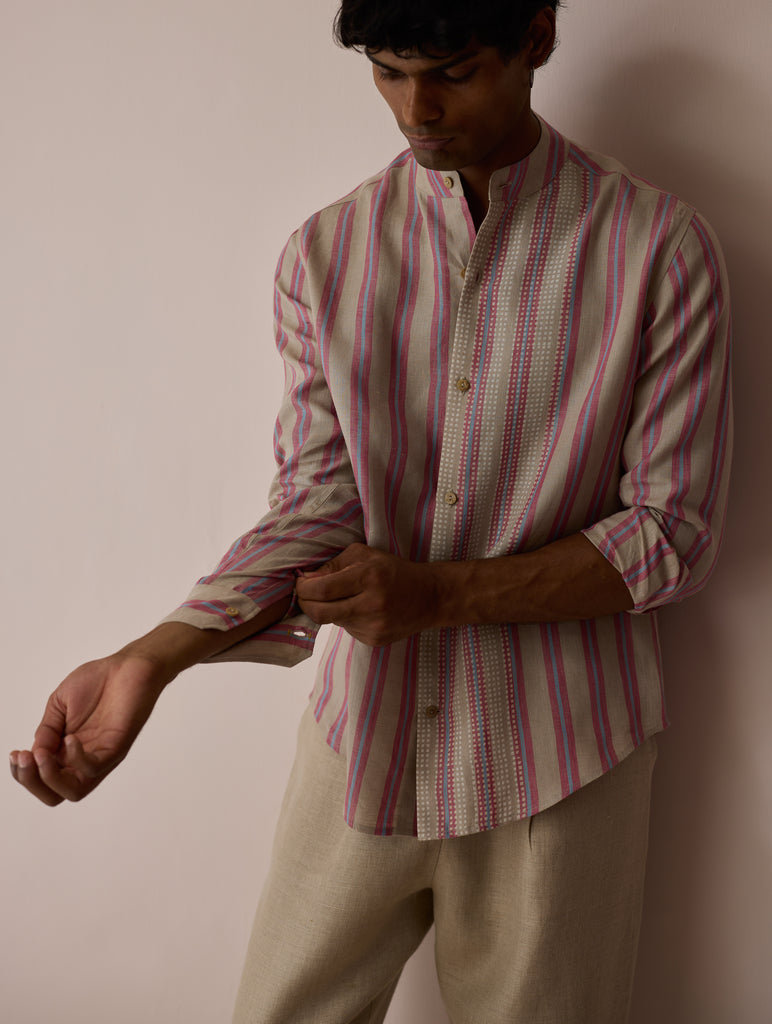 Ari Stripe Linen Block-Printed Shirt - Natural