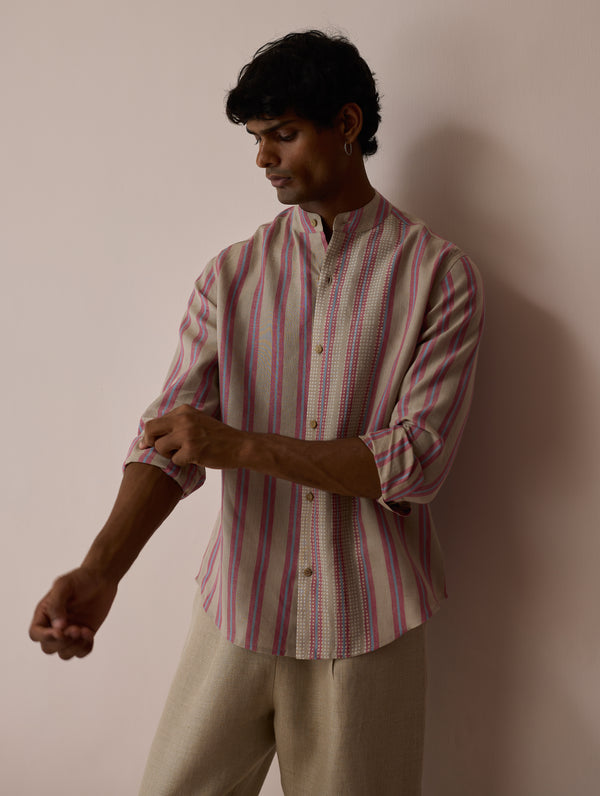 Ari Stripe Linen Block-Printed Shirt - Natural