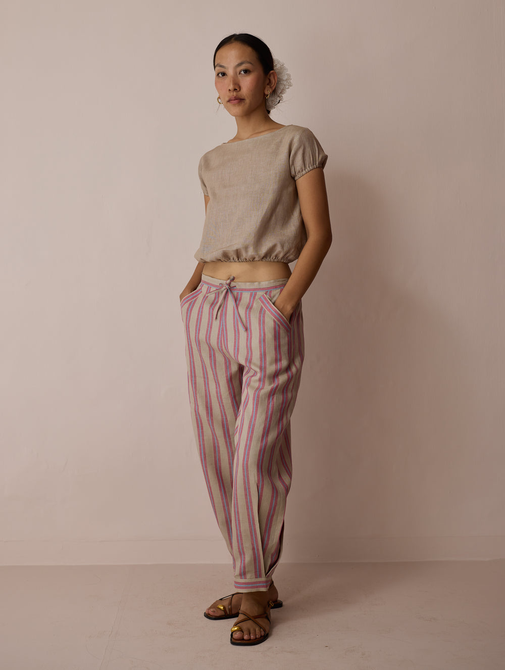 Terra Pleated Hem Stripe Linen Pants - Natural
