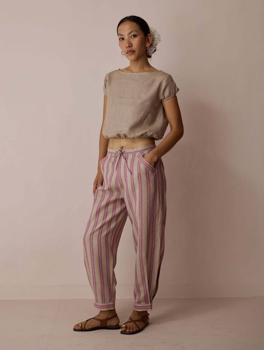 Terra Pleated Hem Stripe Linen Pants - Natural