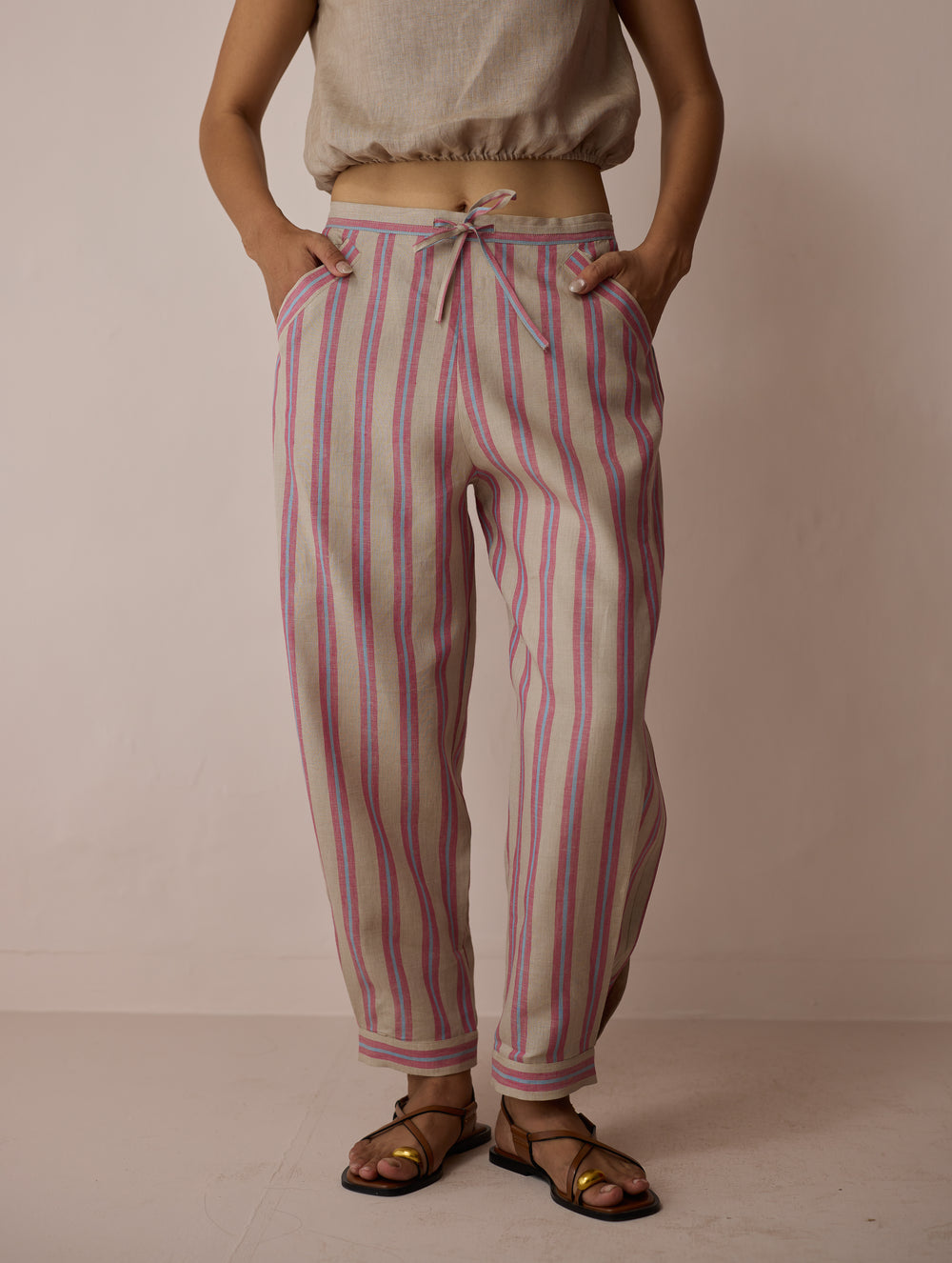 Terra Pleated Hem Stripe Linen Pants - Natural