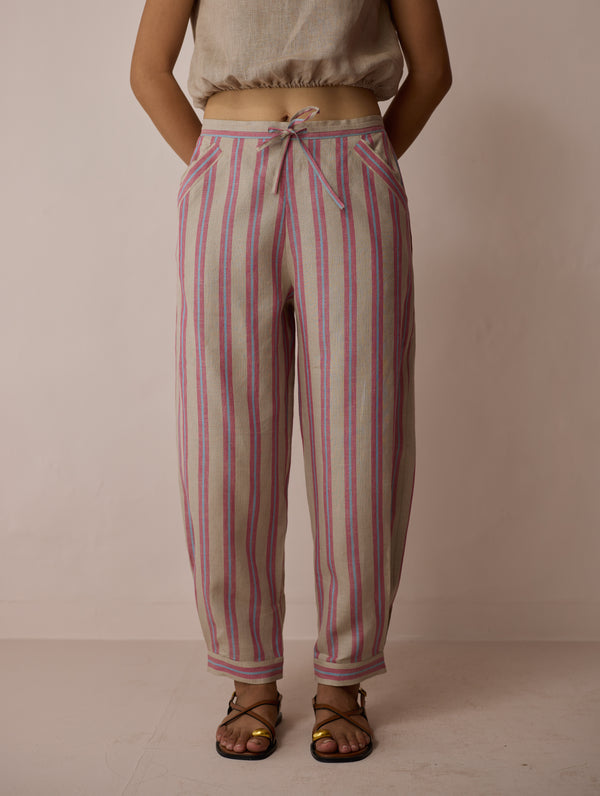 Terra Pleated Hem Stripe Linen Pants - Natural