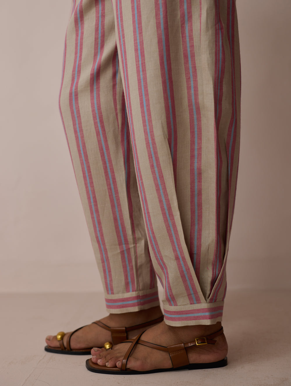 Terra Pleated Hem Stripe Linen Pants - Natural