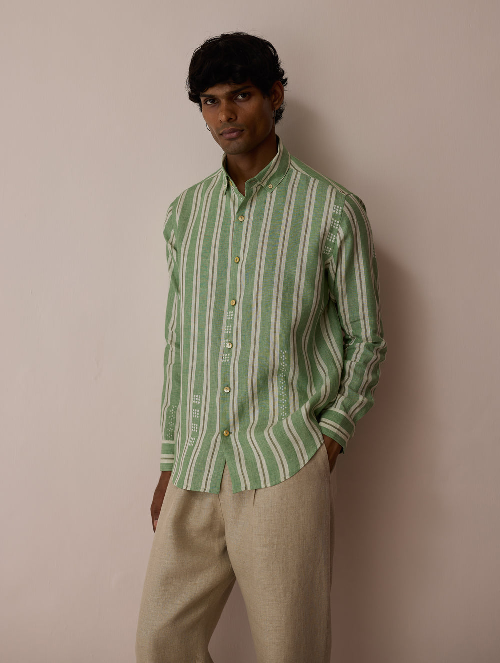 Darra Classic Collar Stripe Linen Shirt - Fern