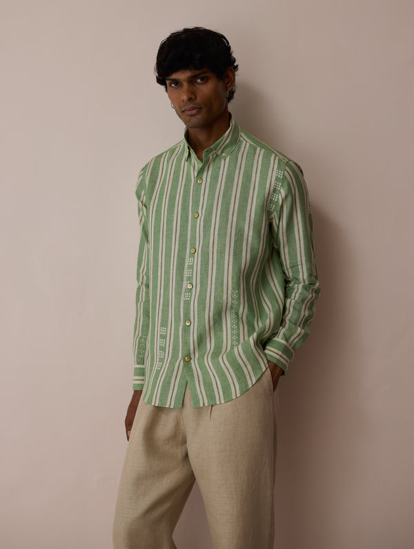 Darra Classic Collar Stripe Linen Shirt - Fern