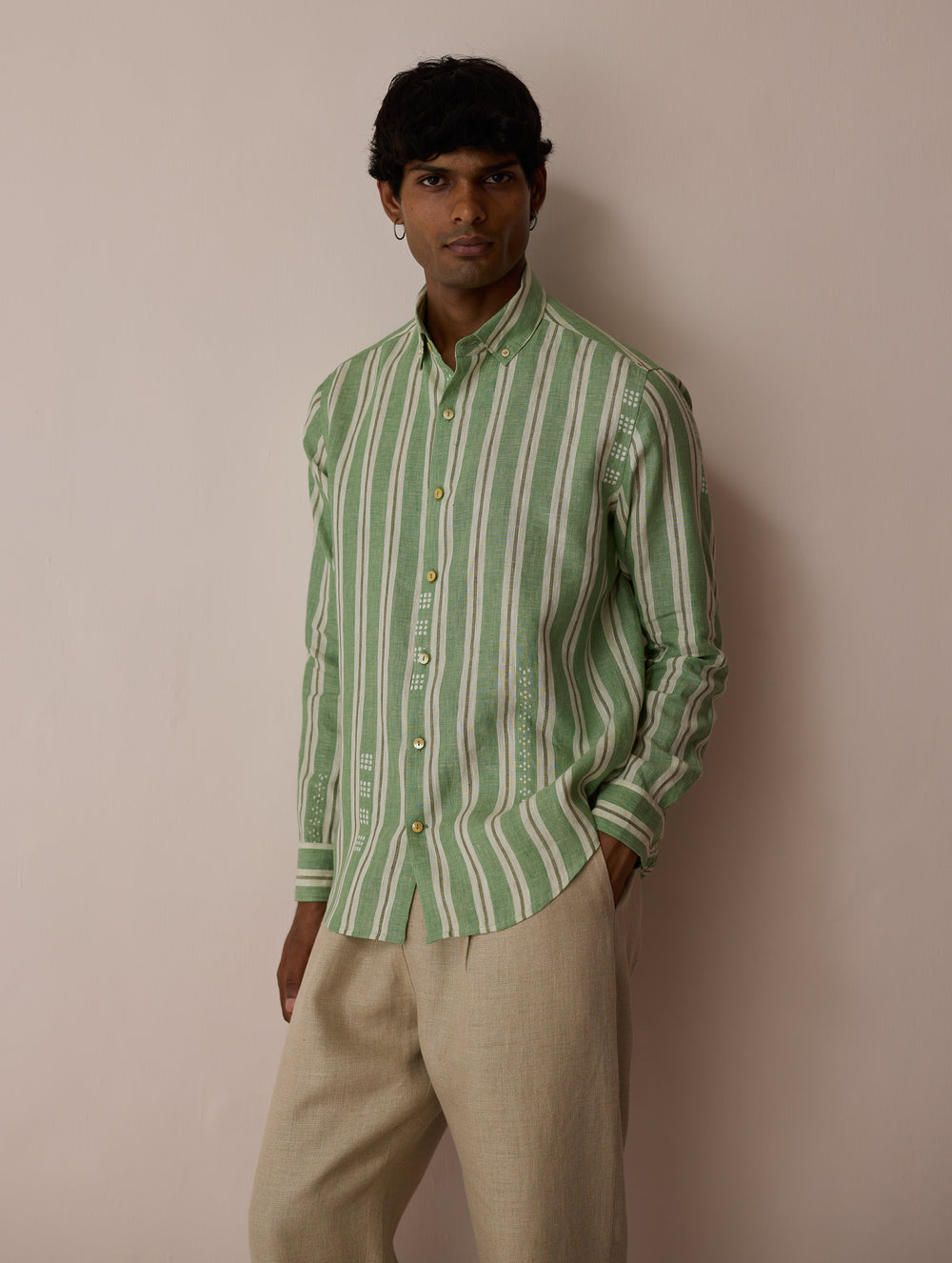 Darra Classic Collar Stripe Linen Shirt - Fern