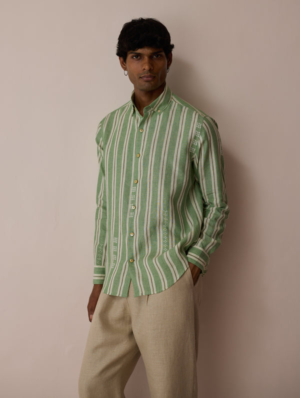 Darra Classic Collar Stripe Linen Shirt - Fern