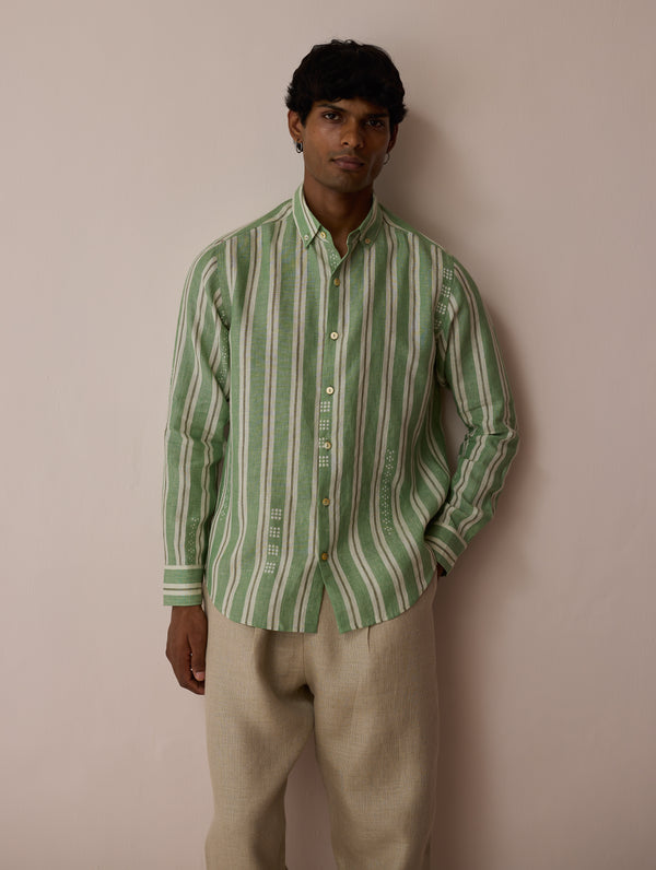 Darra Classic Collar Stripe Linen Shirt - Fern