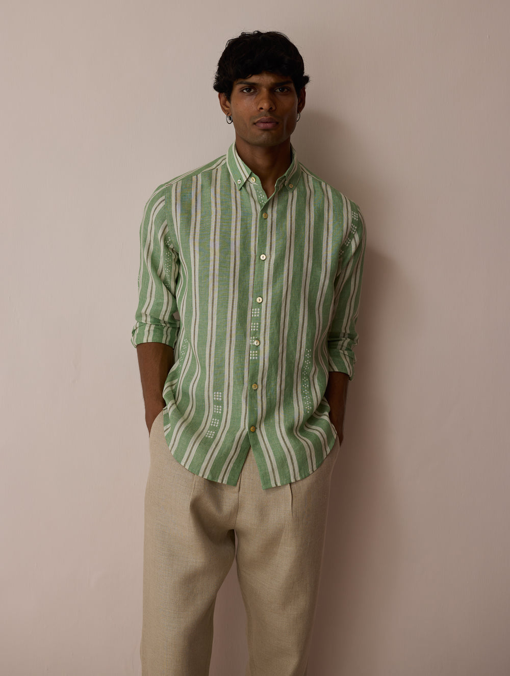 Darra Classic Collar Stripe Linen Shirt - Fern