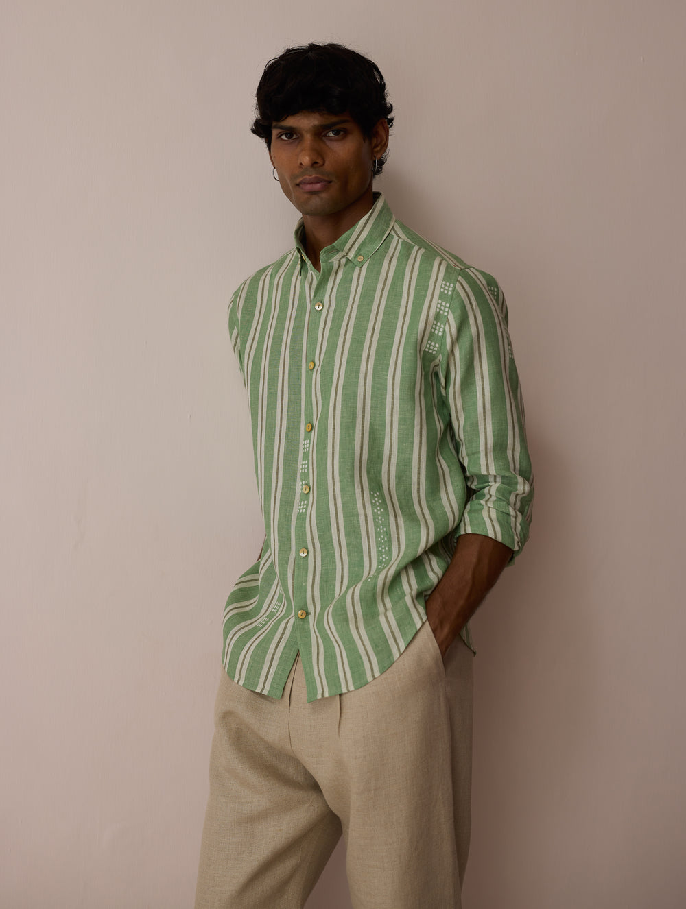 Darra Classic Collar Stripe Linen Shirt - Fern