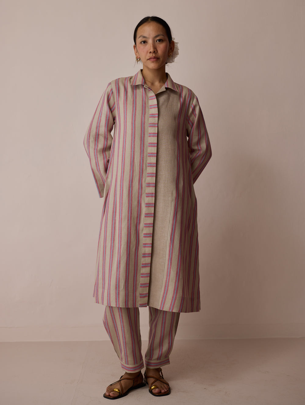 Joana Patchwork Stripe Linen Shirt Kurta - Natural