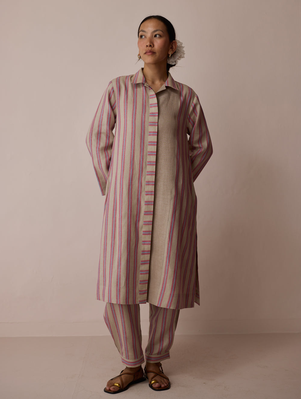 Joana Patchwork Stripe Linen Kurta Set - Natural