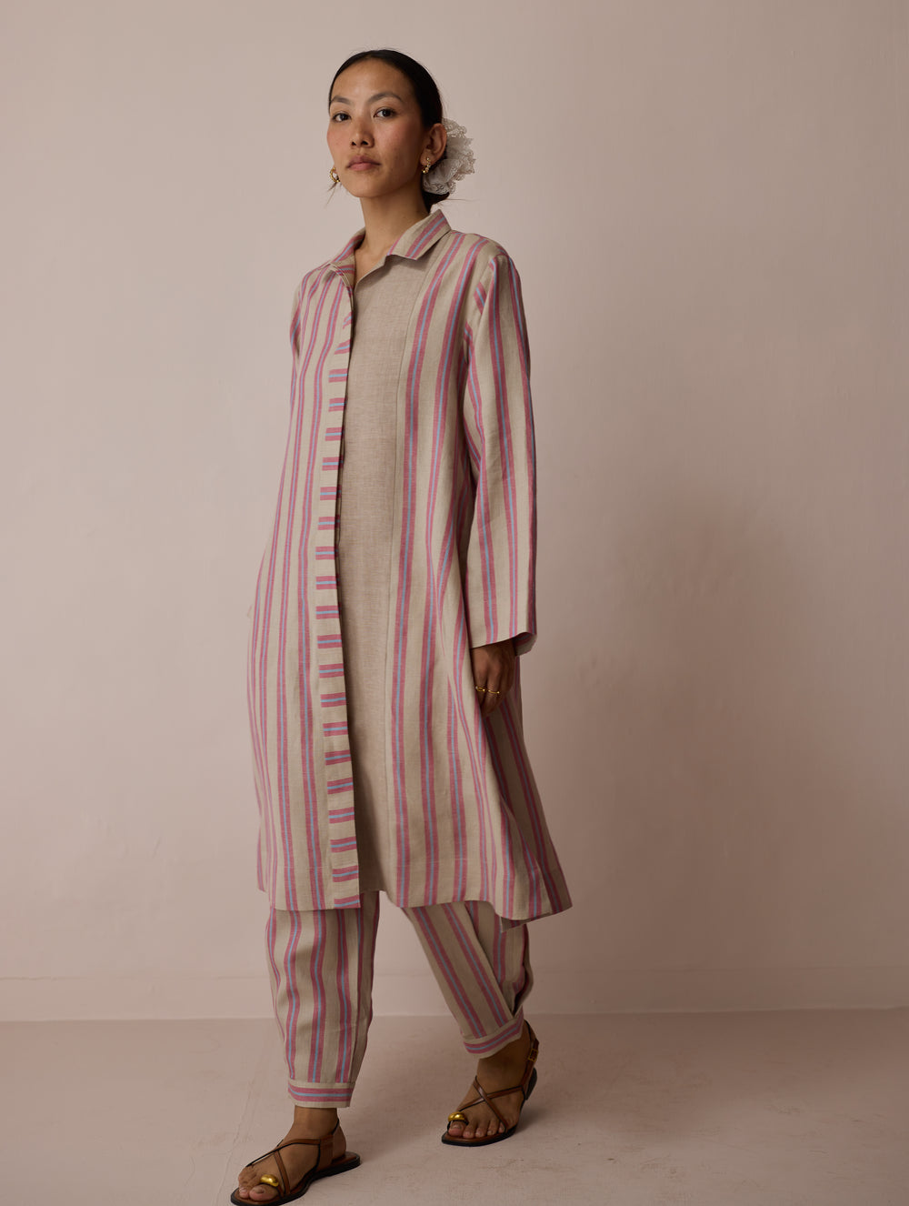 Joana Patchwork Stripe Linen Kurta Set - Natural