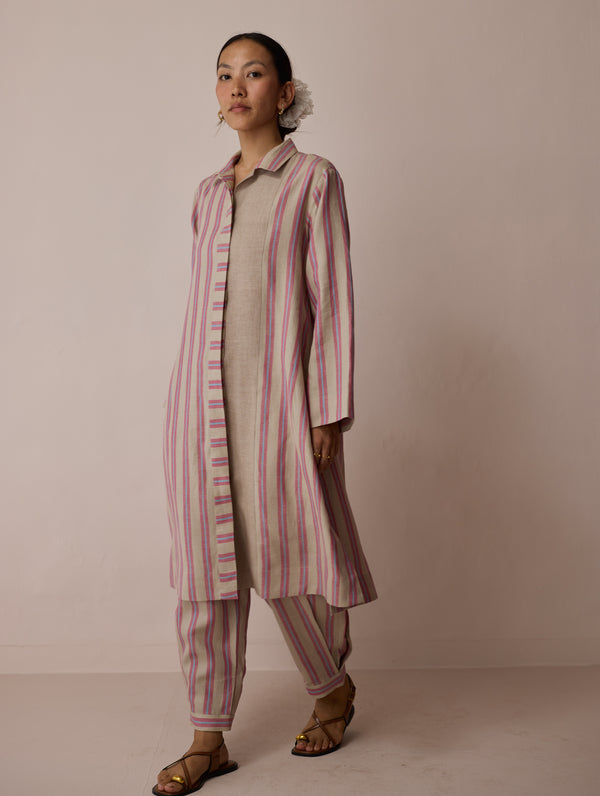Joana Patchwork Stripe Linen Shirt Kurta - Natural