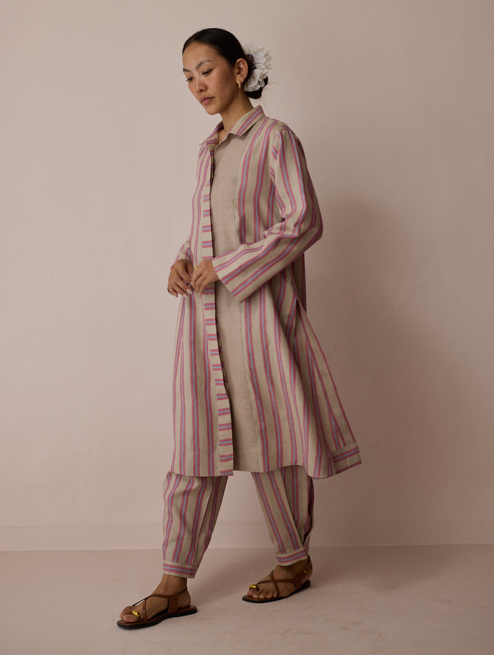 Joana Patchwork Stripe Linen Shirt Kurta - Natural