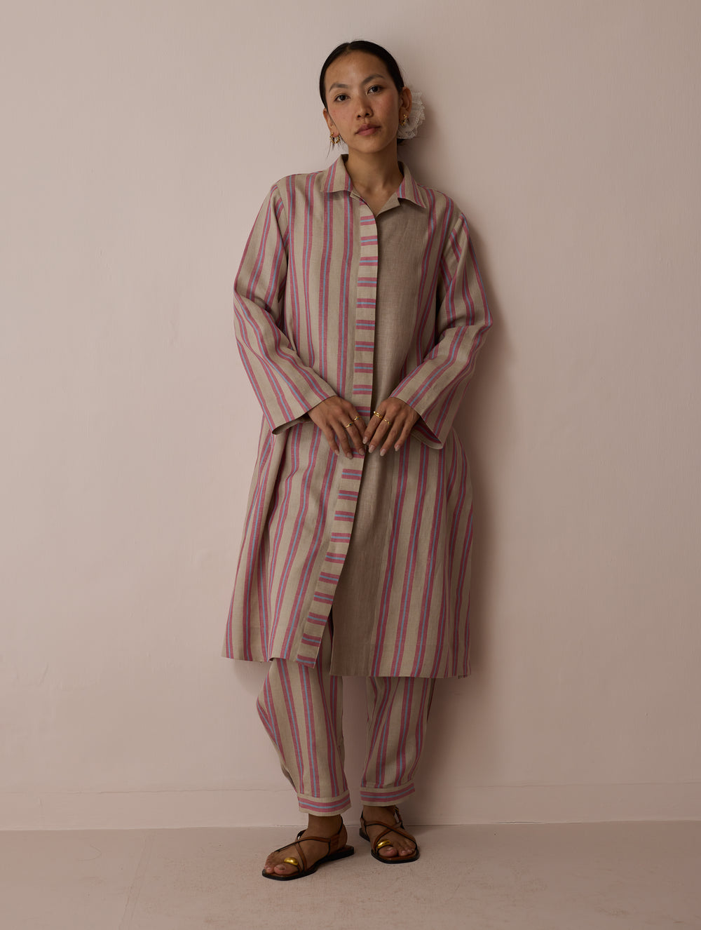 Joana Patchwork Stripe Linen Kurta Set - Natural