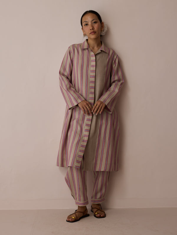 Joana Patchwork Stripe Linen Shirt Kurta - Natural