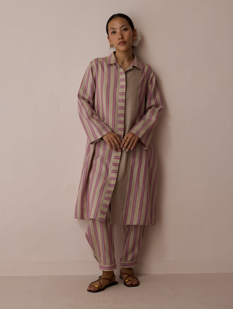 Joana Patchwork Stripe Linen Shirt Kurta - Natural