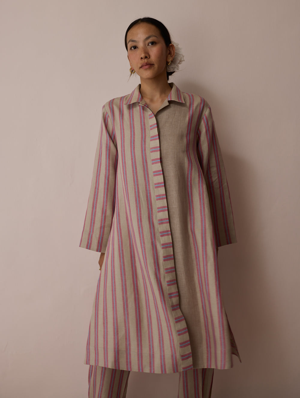 Joana Patchwork Stripe Linen Shirt Kurta - Natural