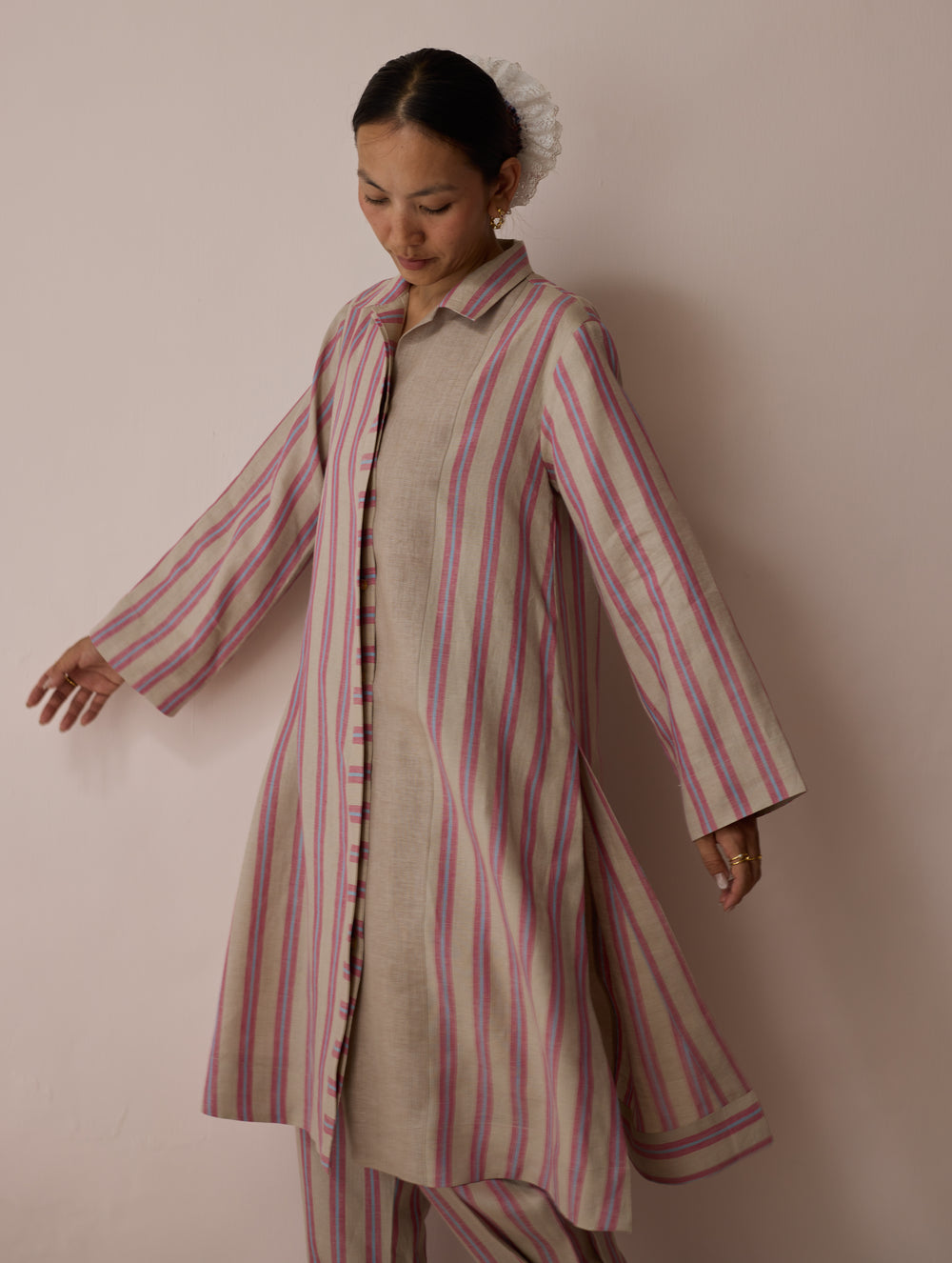 Joana Patchwork Stripe Linen Kurta Set - Natural