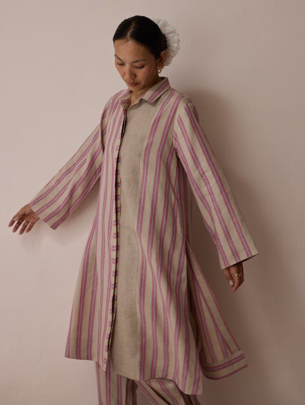 Joana Patchwork Stripe Linen Shirt Kurta - Natural