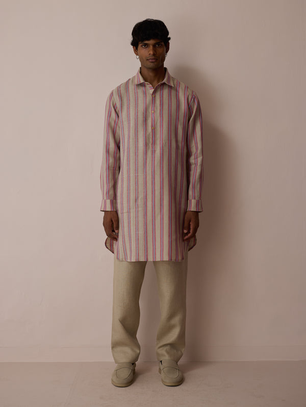 Taro Block-Printed Stripe Linen Kurta - Natural