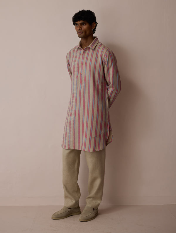 Taro Block-Printed Stripe Linen Kurta - Natural