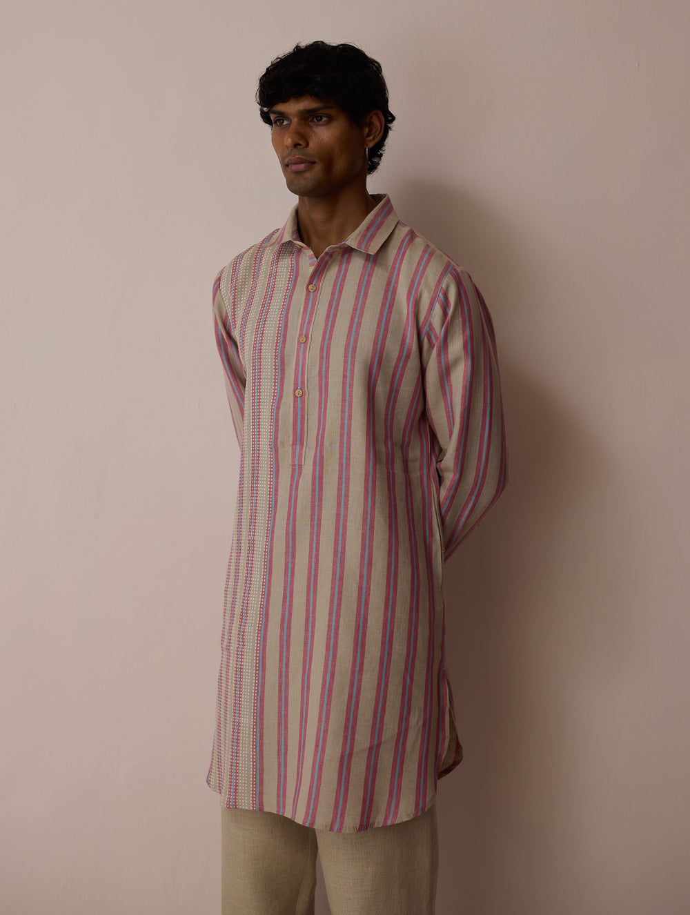 Taro Block-Printed Stripe Linen Kurta - Natural
